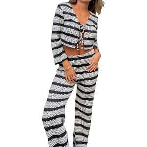 ชุดคลุมโครเชต์สำหรับผู้หญิงปี 2026 แบบสั่งทำพิเศษ แขนยาว คอวีลึก ชุดถักนิตติ้ง 2 ชิ้น ชุดชายหาดฤดูร้อน เสื้อครอปท็อป กางเกงขายาว - Product Image 4