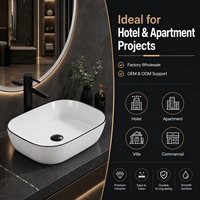 Lavabo de salle de bain moderne et minimaliste en granit blanc de luxe avec rebord noir artistique, capacité 12L, égouttoir, vasque à poser pour projets hôteliers