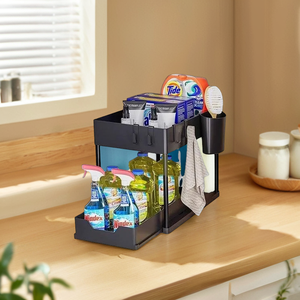 Organisateur de cuisine en plastique à deux niveaux <span class=keywords><strong>sous</strong></span> l'évier, rangement coulissant pour les articles ménagers - Product Image 4