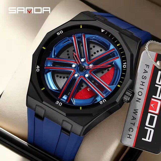 SANDA Colorful Large Dial Wheel Hub Watch Wear-Resistant Original Wheel Watch 360°Rotating Quartz Men's Wristwatch 3D Rotating