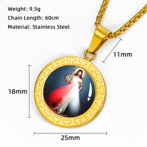 Colgante Religioso Cristiano de la Divina Misericordia con Borde en T, Chapado en Oro de 18K, Acero Inoxidable Pulido, Resina, Medalla Católica Personalizada, Venta al Por Mayor - Product Image 2