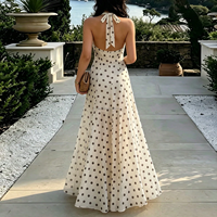 Robe longue OEM personnalisée à pois français, col halter, décolleté plongeant, dos nu, en mousseline, coupe trapèze, élégante, pour l'été, la plage et les vacances féminines