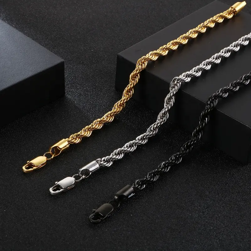 Rinhoo Black 18k Gold Plated Stainless Steel Twisted Rope Chain Bracelet For Men Hip Hop 6mm Bracelets Jewelry