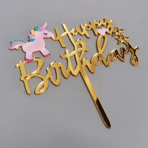 Kek dekorasyon bebek duş akrilik kek bayrakları Unicorn baskı akrilik mutlu doğum günü Toppers