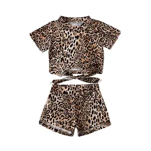 summer kids shorts and top sets children sport suit new leopard print cotton 2pcs shirt+short summer baby girls clothing sets