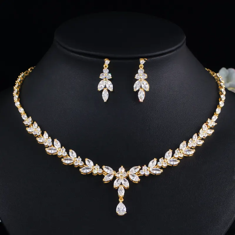 Luxury African Gold Plated Cubic Zircon Stone Leaf Design Drop CZ Wedding Bridal Earrings and Necklace Jewelry Sets for Women