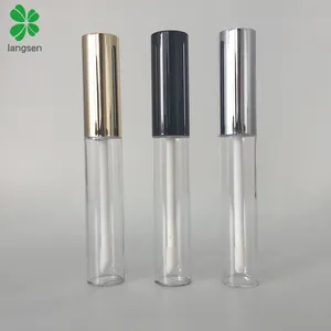 Empty plastic PET 10ml clear lip gloss tube container with black gold silver lid cap applicator for packaging liquid lipstick