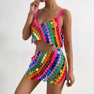 Top cami à sequins arc-en-ciel, fait main, avec des paillettes squameuses, patchwork, bretelles, jupe de soirée et haut halter <span class=keywords><strong>pour</strong></span> boîte de nuit - Product Image 4
