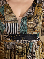 Robe décontractée longue en mousseline fluide à col en V, imprimé patchwork aquarelle aléatoire, taille plissée et manches à volants, grande taille, collection Printemps/Été
