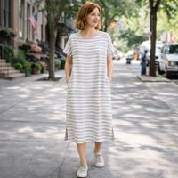 Tunique en lin pur personnalisée pour femmes, dos ouvert, avec rayures - Fournisseur de haute qualité pour les vêtements féminins