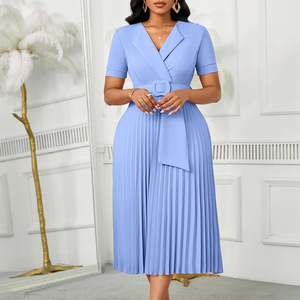 Short Sleeved V-neck Fashionable <strong>Temperament</strong> Elegant Pleated Plus Size High Waist African Dress for Women - Product Image 1