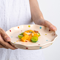 Assiettes à gâteau en céramique, 6 pièces, peintes à la main, à pois mignons, assiettes rondes décontractées, service de vaisselle