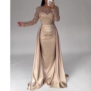 Evening Gown Long Sleeve <b>Sequined</b> Sweetheart Neckline Natural Waist Satin <b>Skirt</b> Formal Party Dress Women - Product Image 1