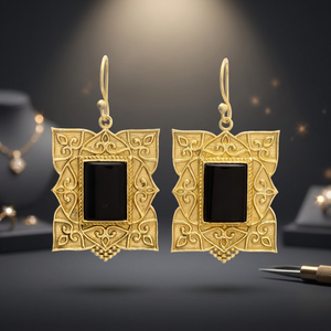 Boucles d'oreilles pendantes en laiton faites à la main avec onyx noir, plaqué or 14 carats, plaqué rhodium, design unisexe tendance, vente en gros - Product Image 3