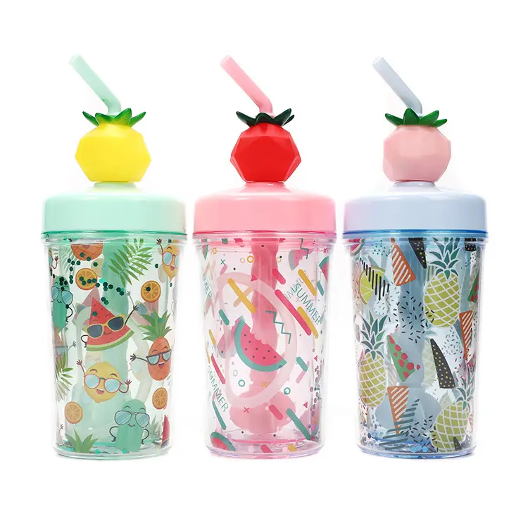 Wholesale 450ml Double Wall Plastic Water Straw Cup With Lid Fruit Shaped Tumbler Mugs Milk Shake Stirring Cup