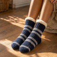 Chaussettes d'hiver douillettes pour la maison, épaisses, tricotées, rayées, avec doublure en polaire Sherpa, antidérapantes, type pantoufles