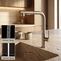 Robinet de cuisine flexible en acier inoxydable 304 nickel brossé avec jet cascade et pulvérisation laminar, mitigeur eau chaude et froide