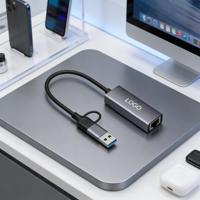 Adaptateur Ethernet USB 3.0 Type-C double port RJ45, carte réseau haute vitesse, logo personnalisé, portable pour ordinateur portable et téléphone, métal + plastique