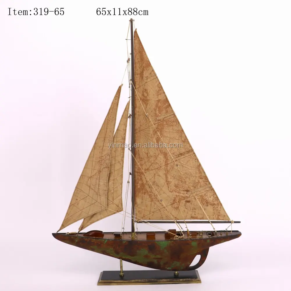 Antique Rusty Wooden Sailing ship model, 65x11x88cm , Map printed sail fast speed boat yacht vessel, nautical old sailboat model