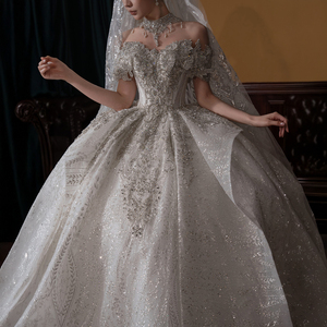 GT150 Modern Sweetheart Floral Print Appliques Crystal <b>Sequined</b> Wedding Dress <b>Backless</b> Customized Ball Gown Floor-Length Chapel - Product Image 2