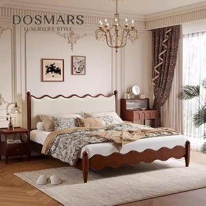 Cama de Madera Maciza Tapizada de Estilo Retro Francés, Cama Matrimonial de 1.8m, Diseño Vintage con Ondas - Product Image 5