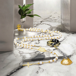 Collar de Rosario DE LA Virgen María de acero inoxidable chapado en oro con cuentas de perlas de imitación sin deslustre Lady De Guadalupe Christ Gold Trendy - Product Image 3