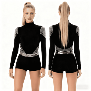 Mädchen Teenager einteilige Cheerleader Uniform Sets mit Strass-Schwarz Silber - Product Image 1