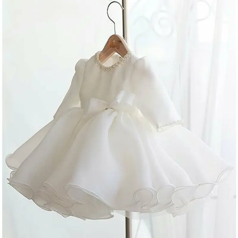 Hermosa ropa de bebé recién nacido niña 8 meses de manga larga princesa vestido de gasa con lazo grande