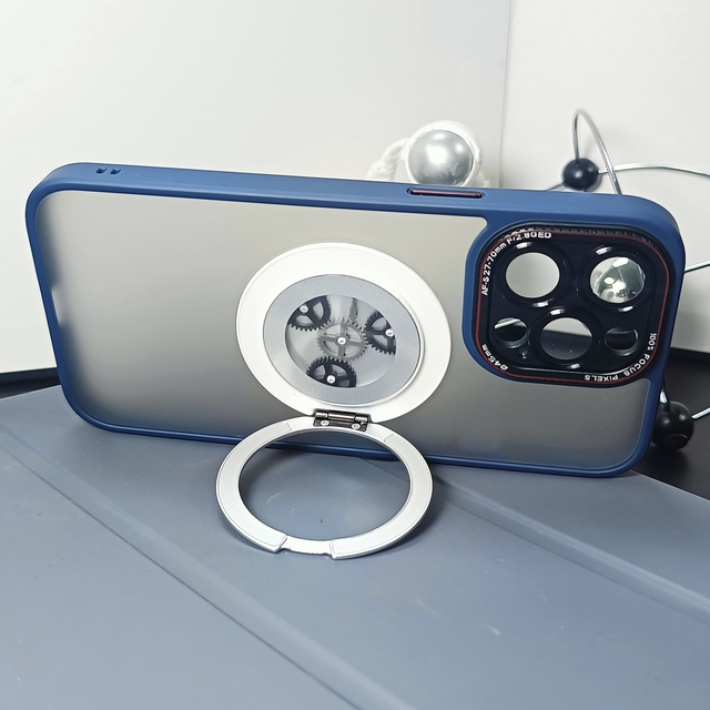 Silicone Mobile Phone Case with Detachable Ring Stand Charger Included Gear Design for 360 Degree Phone Rotation