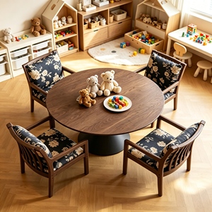 Ensemble de table à manger moderne en noyer foncé avec base à piétement unique et 4 chaises rembourrées à dossier à lattes en tissu floral, mobilier de salle à manger 6 places - Product Image 4