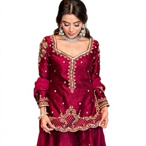 Vichitra Silk Kurti Palazzo Set With Zari Sequins Embroidery Dupatta Wholesale Manufacturer - Product Image 1