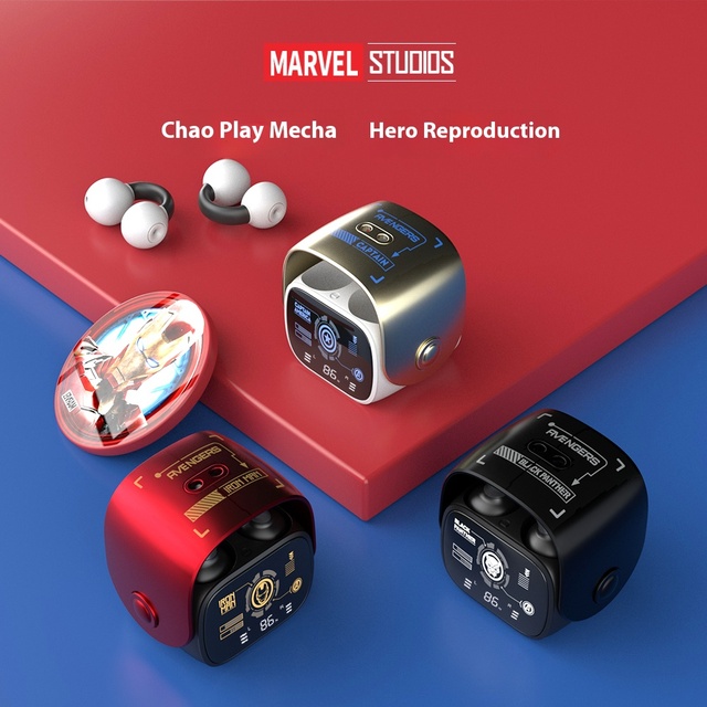 Iron Man Captain America Black Panther Superhero Ows 360° Rotatable Mini Ear Clip Bluetooth Headset LED Display Wireless Earbuds