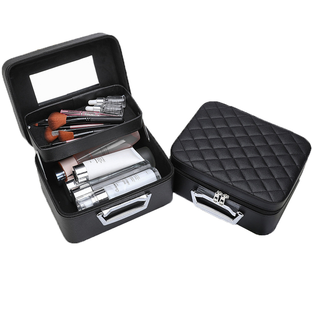 2 Layers Large Portable Cosmetic Case Custom Travel Make up Box Professional PU Leather Makeup Organizer With Mirror for Trip