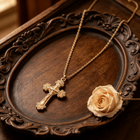 Colliers pendentifs croix de Jésus sculptée style bohème vintage, ton doré, avec breloque religieuse Vierge Marie, chaîne délicate, bijoux fantaisie