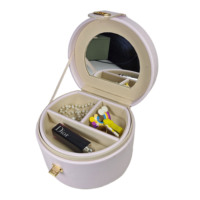 Boîte à bijoux cylindrique portable en cuir PU moderne faite à la main LG7324 avec miroir et intérieur en velours pour bagues, colliers et boucles d'oreilles