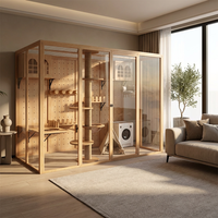 Maison pour chat de luxe moderne en verre massif et bois, armoire-villa, détails artisanaux, intérieur sophistiqué haut de gamme, abri pour chat