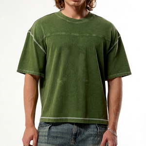 เสื้อยืดคอกลมแขนสั้นทรงโอเวอร์ไซส์สำหรับผู้ชาย สีเขียว ผ้าฝ้าย 100% ล้างสีแบบแอซิดวอช ทรงปกติ พิมพ์ลายด้านหน้า สไตล์ลำลอง ดีไซน์ถักนิตติ้ง ปี 2026 - Product Image 1