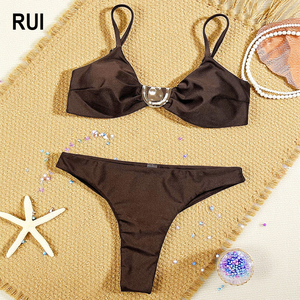 ชุดบิกินี่ผู้หญิง RUIQUWIN แบบ 2 ชิ้น สีพื้น ท่อนบนแบบเสื้อว่ายน้ำ ท่อนล่างแบบจีสตริง ประดับมุกเมทัลลิก - Product Image 1