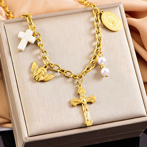 Collana pendente Vintage in acciaio inossidabile con angelo e perle 18K placcato oro Christian <span class=keywords><strong>Cross</strong></span> collana da donna - Product Image 2
