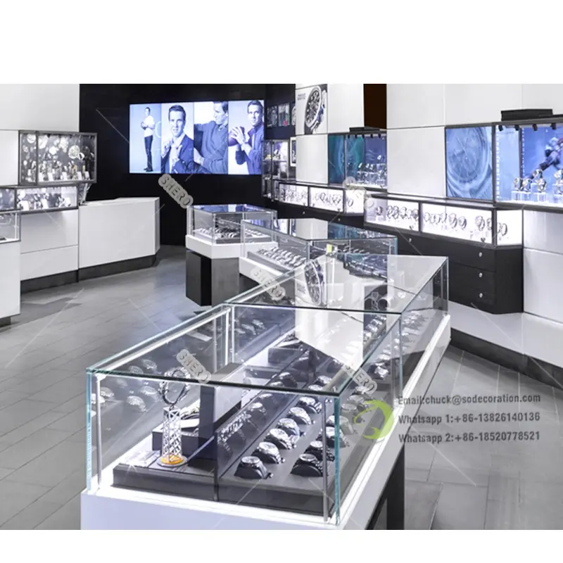 Mode-Design Einkaufszentrum Uhr Einzelhandel Design freistehende Sockeluhr Glas-Vorführschrank Uhrenkiosk