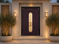 Porte d'entrée de luxe en aluminium moulé, style moderne et contemporain, avec panneau prune et accents dorés en filigrane, double porte d'entrée de luxe sur mesure