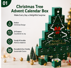 24 Day <b>Christmas</b> Countdown Tree Gift <b>Box</b> with Numbered Compartments Paperboard Custom Logo Packaging for Holiday - Product Image 5