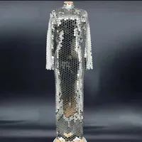 2022 फैशन शो शानदार चांदी दर्पण शाम लंबी पोशाक नृत्य पहनने जाल नृत्य प्रदर्शन शाम खिंचाव कॉस्टयूम