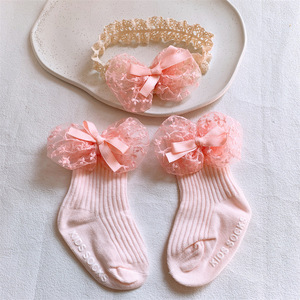 <b>Baby</b> Lace Bow <b>Headband</b> Socks Set Soft Ribbed Infant Girls Hairband Sock Outfit Cute Floral Organza Bow Newborn Daily Wear - Product Image 4