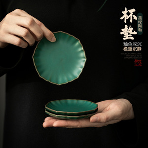 Taza de té octogonal de cerámica con platillo, juego de té Kung Fu de cerámica verde oscuro, taza individual para té de la tarde - Product Image 3