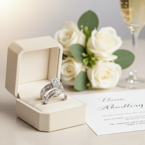 Diamond Wedding <b>Ring</b> Trio <b>Set</b> in 14K White <b>Gold</b> With Real Round Diamond Studded Engagement <b>Ring</b> - Product Image 3