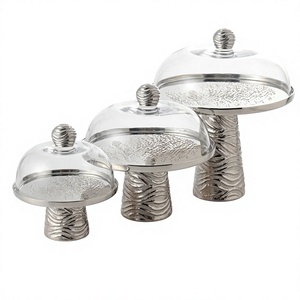 Luxury Silver <b>Cake</b> <b>Stand</b> Set with Glass Dome Cover Textured Metal Dessert Pedestal Risers Cupcake Display Tray Wedding Decor - Product Image 1