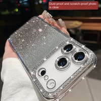 Protection d'objectif avancée en TPU antichoc avec cadre en strass pour 17 Pro Max, dégradé orange, pailleté et électroplaqué