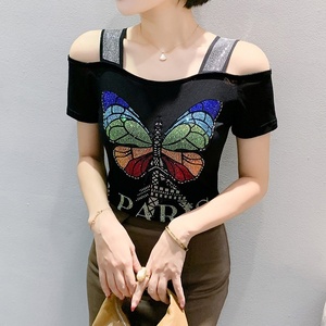 T-shirt a farfalla colorata per ragazze alla moda con strass di lusso da donna a manica corta <span class=keywords><strong>vestiti</strong></span> traspiranti con spalle scoperte - Product Image 6