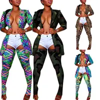 Conjunto de dos piezas formado por chaqueta y pantalón, Sexy, con cuello de solapa, Camuflaje, leopardo, ceñido, medias largas, para discoteca